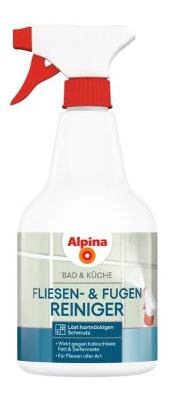 Alpina Bad & Küche Fliesen- & Fugenreiniger – kraftvoller Reiniger gegen Kalk, Fett und Schmutz im Badezimmer und in der Küche, ideal für feuchtigkeitsbelastete Oberflächen 0,5L