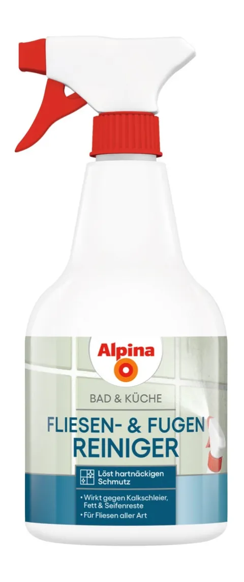 Alpina Bad & Küche Fliesen- & Fugenreiniger – kraftvoller Reiniger gegen Kalk, Fett und Schmutz im Badezimmer und in der Küche, ideal für feuchtigkeitsbelastete Oberflächen 0,5L