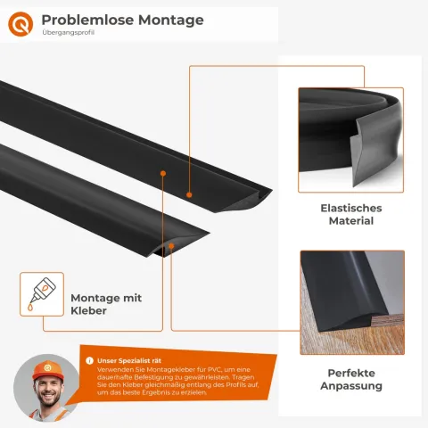 Übergangsprofil 50mm x 7mm,PVC Übergangsleiste, Höhenausgleich - 2 Meter, Schwarz
