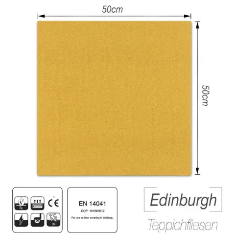 FLOORDIREKT Nylon Teppichfliese Edinburgh - 50 x 50 cm - Selbstliegend - Gelb
