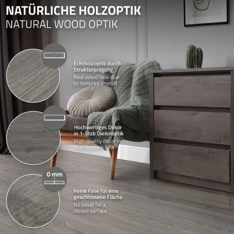 ML-Design Deluxe PVC Bodenbelag, Selbstklebende Vinyl-Dielen, Vinylboden, 91,5 cm x 15,3 cm x 2 mm, Dicke 2 mm, 11,15m²/80 Dielen, Eiche, Grau, Holzoptik, rutschfest, wasserfest, Einfache Verlegung