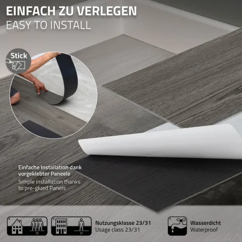 ML-Design Deluxe PVC Bodenbelag, Selbstklebende Vinyl-Dielen, Vinylboden, 91,5 cm x 15,3 cm x 2 mm, Dicke 2 mm, 11,15m²/80 Dielen, Eiche, Grau, Holzoptik, rutschfest, wasserfest, Einfache Verlegung