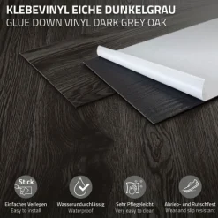 ML-Design Deluxe PVC Bodenbelag, Selbstklebende Vinyl-Dielen Vinylboden, 91,5 cm x 15,3 cm x 2 mm, Dicke 2mm, 11,15m²/80 Dielen, Eiche Dunkelgrau, Holzoptik, rutschfest, wasserfest, Einfache Verlegung