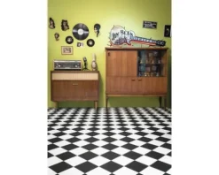 PVC-Boden Artifact Schachbrett diagonal schwarz weiß Fliesen 20x20 cm 200 cm breit (Meterware)