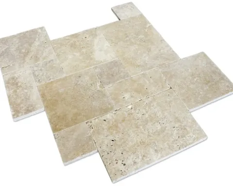 Travertin Bodenfliese Bari römischer Verband 1,2 cm Oberfläche und Kanten getrommelt