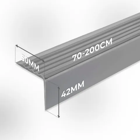 Treppenkantenprofil Selbstklebend 50x42 mm - Treppenprofil PVC für Treppenstufen, Treppenkantenschutz mit Rillen - 70 cm, Silber
