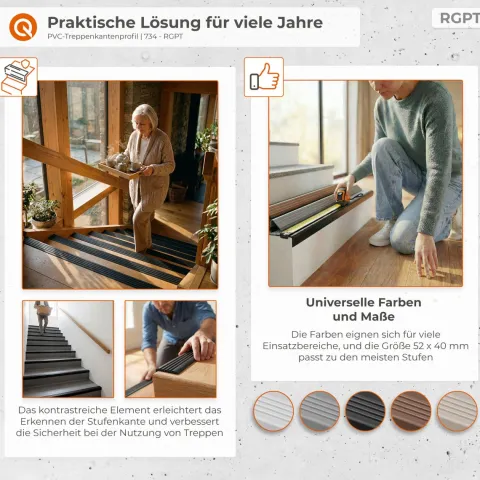 Treppenkantenprofil Selbstklebend 52x40 mm - Treppenprofil PVC für Treppenstufen, Treppenkantenschutz mit Rillen - 70 cm, Braun