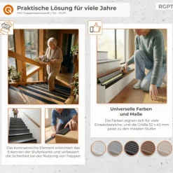 Treppenkantenprofil Selbstklebend 52x40 mm - Treppenprofil PVC für Treppenstufen, Treppenkantenschutz mit Rillen - 70 cm, Schwarz