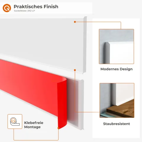 Weichsockelleiste, Sockelleiste Selbstklebend 100 mm, PVC, Flexibel - Weiß, 10 Meter